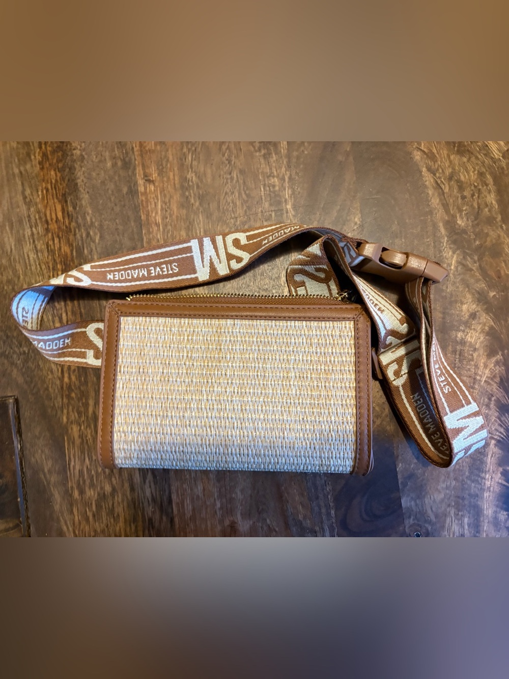 Steve Madden Straw Belt Bag with Logo Strap - Brown & Cream